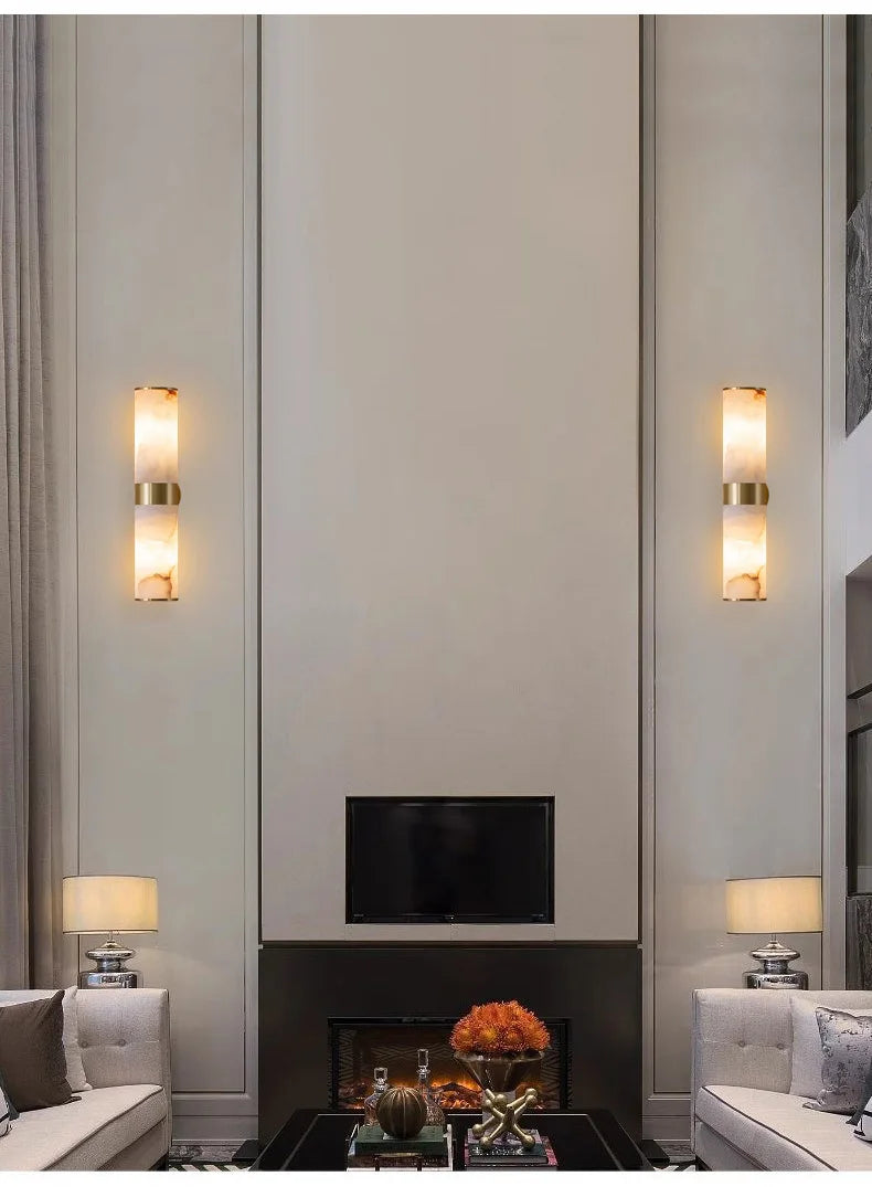 Alabaster Tube Wall Light - Flush Brass Sconce