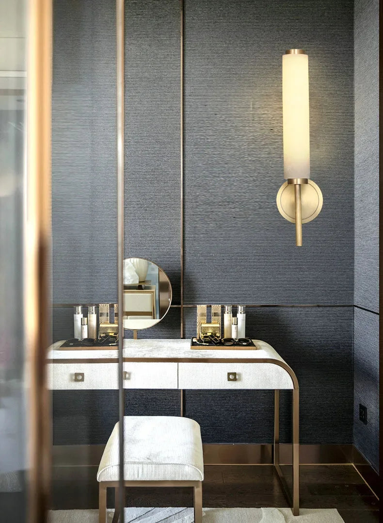 Alabaster Tube Wall Light - Brass Arm Sconce