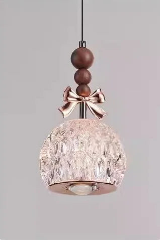 Beaded Bow Pendant - Crystal and Walnut Light
