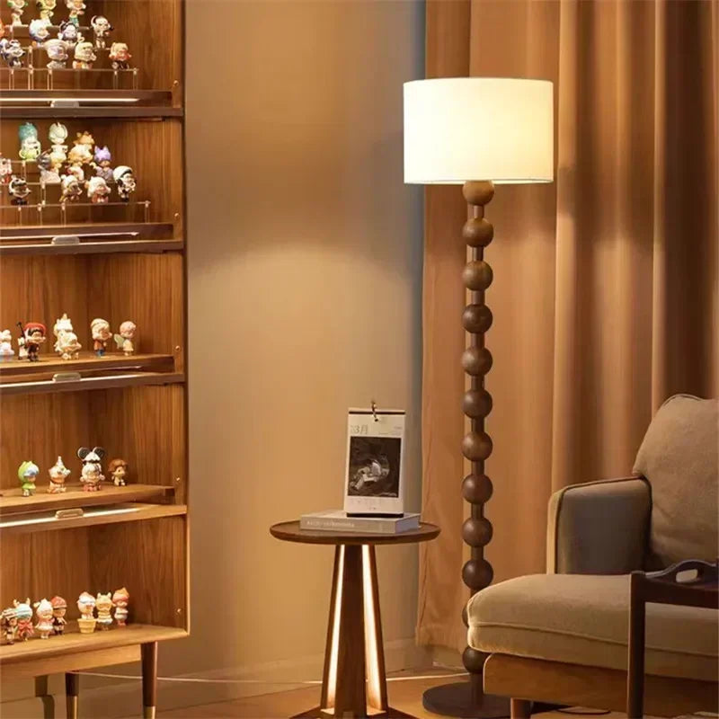 Beaded Wood Lamp - Cream Drum Floor or Table