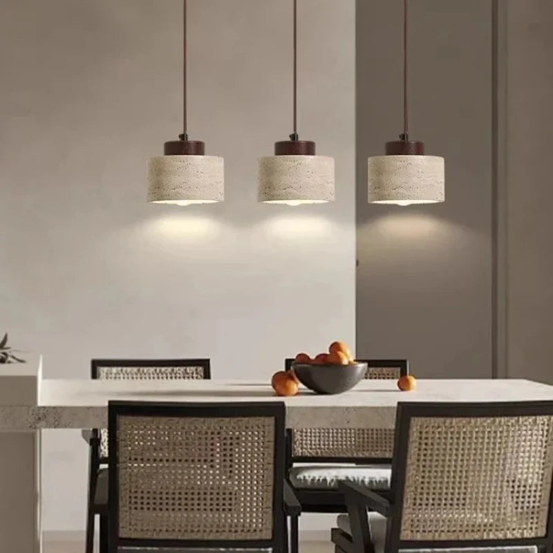 Travertine Drum Pendant - Walnut Cap Light