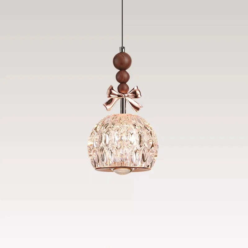Beaded Bow Pendant - Crystal and Walnut Light