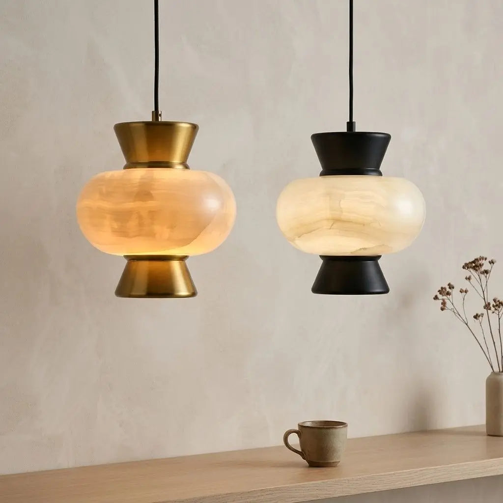 Amber Glass Pendant - Brass Collar Light