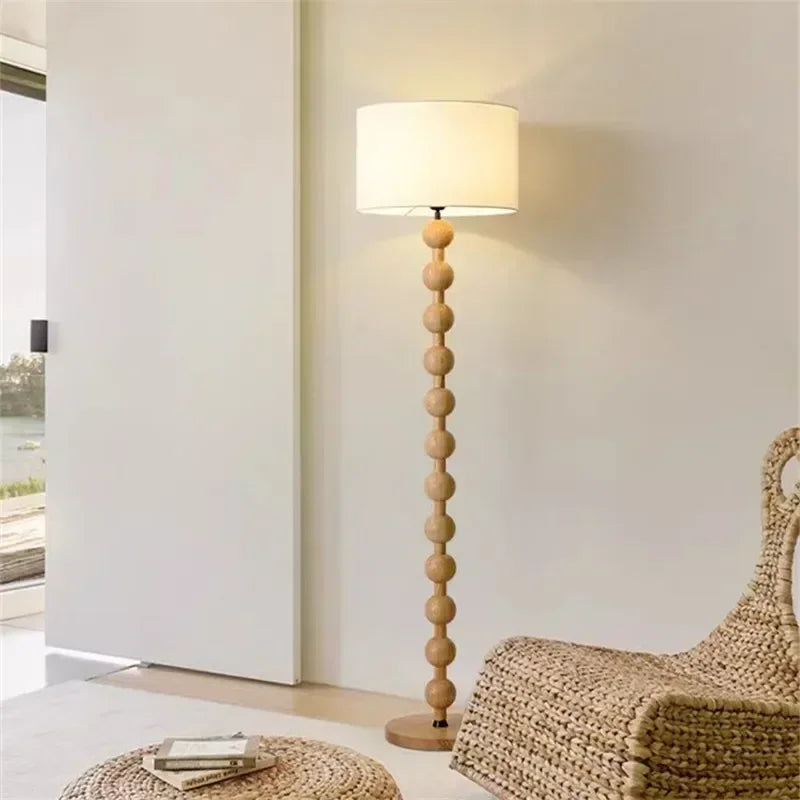 Beaded Wood Lamp - Cream Drum Floor or Table