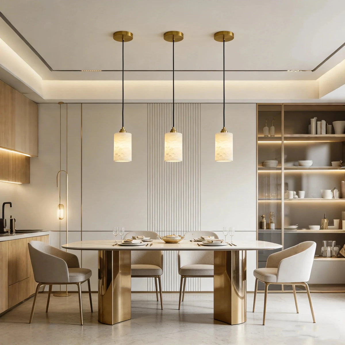Alabaster Cylinder Pendant - Brass Cap Light