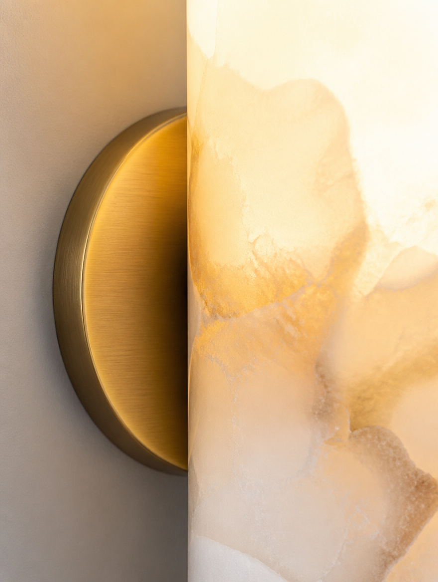 Detail view of the Alabaster Tube Wall Light