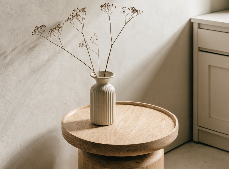 A ceramic vase with dried stems on a pale oak side table in a calm home corner