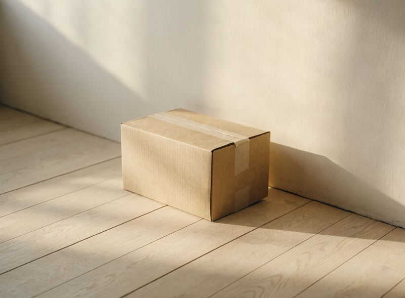 A plain kraft shipping parcel on a pale oak floor in warm afternoon light