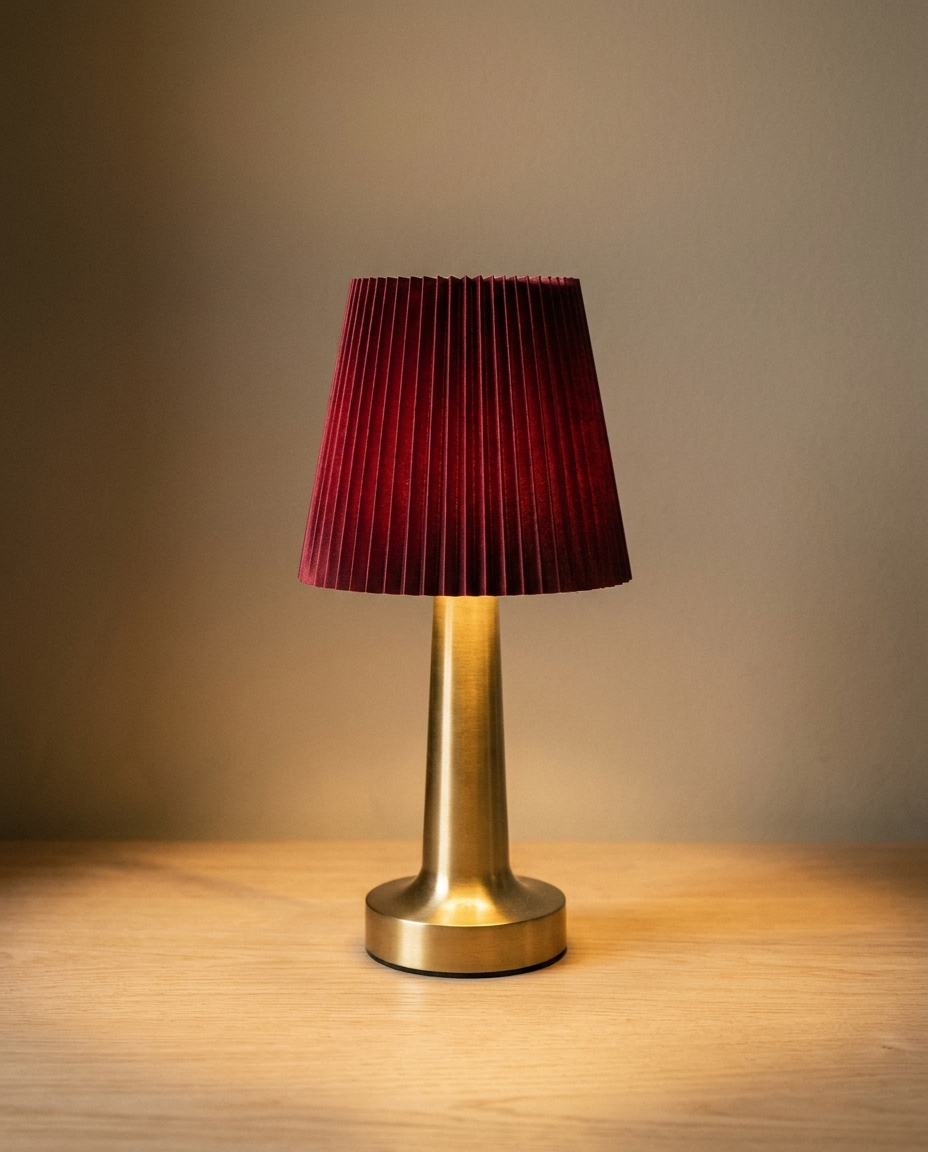 Pleated Shade Table Lamp with burgundy pleated fabric shade on a brass base, lit warm on a pale oak surface