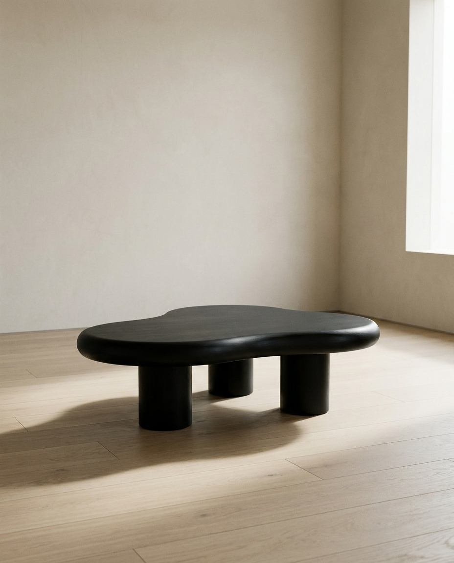Cloud Coffee Table, black irregular top on three cylindrical legs, in a bare room with pale oak flooring