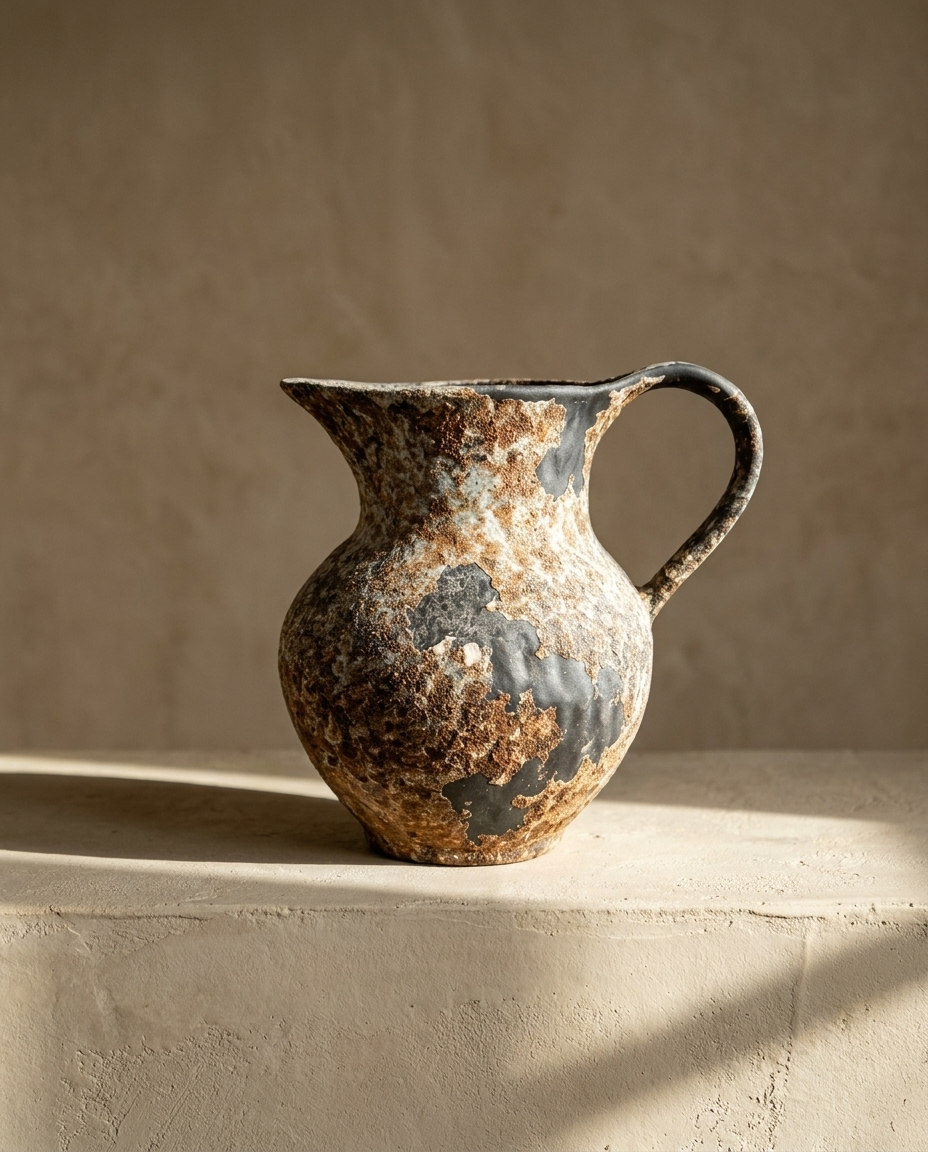 Wabi-Sabi Terracotta Vase, a pitcher form with rust and slate mottled glaze, on a plaster ledge in warm light