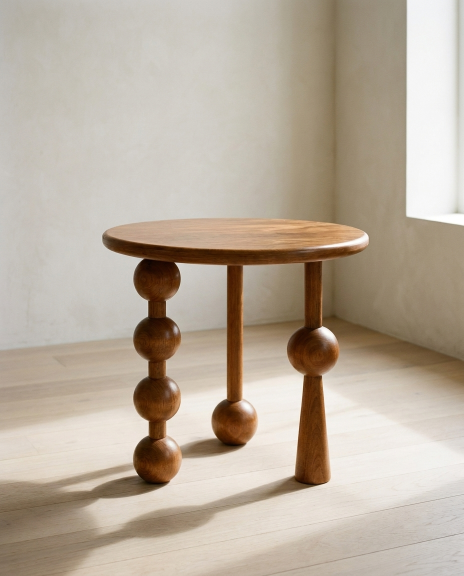 Walnut Accent Table, round rubberwood top on three sculptural beaded and tapered legs, in a bare room with oak flooring