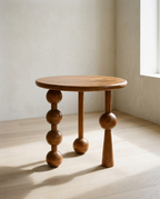 Walnut Accent Table, round rubberwood top on three sculptural beaded and tapered legs, in a bare room with oak flooring