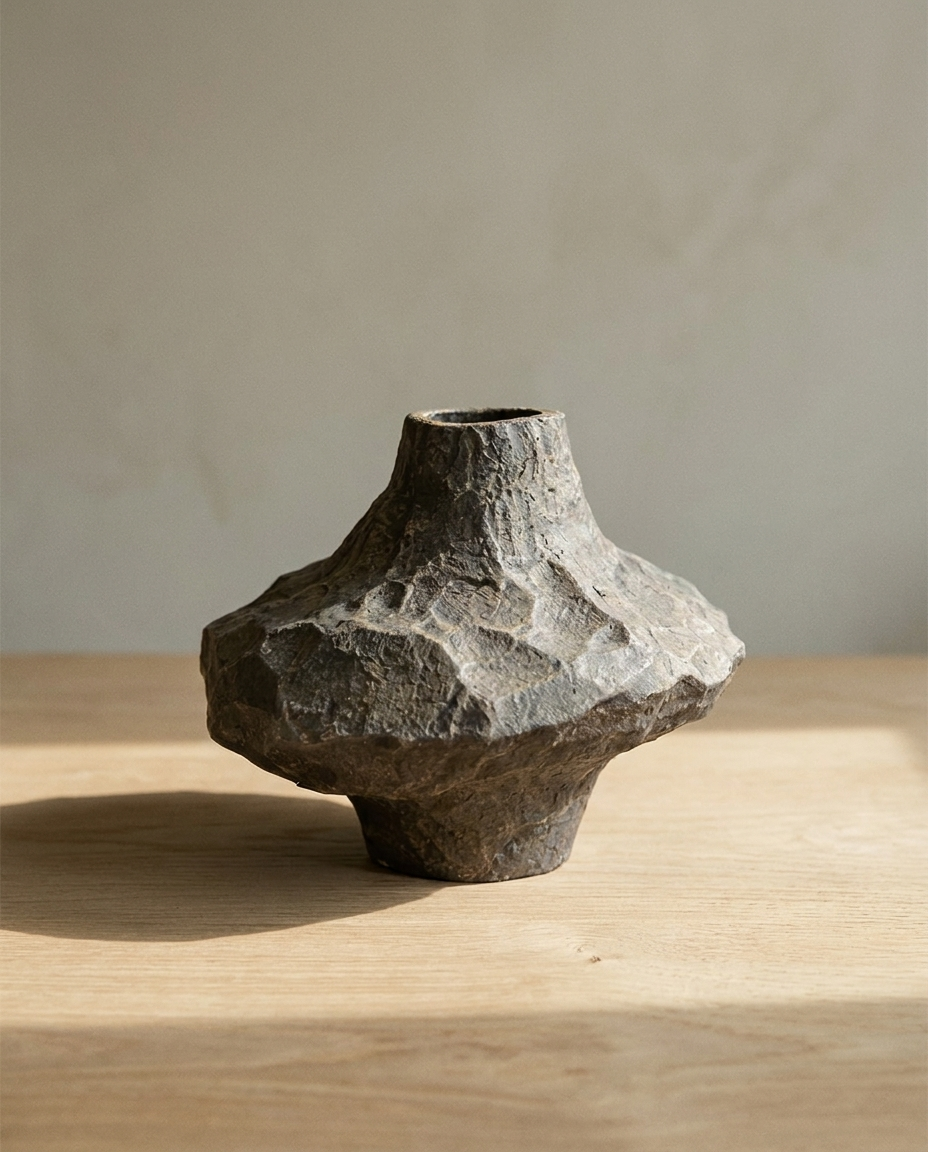 Textured Stone Vase, a faceted dark stone-like ceramic vessel on a pale oak surface in raking light
