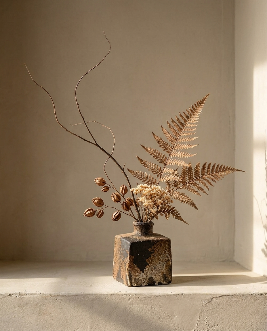 Square Terracotta Vase with mottled dark and rust glaze, holding dried fern and branches on a plaster ledge