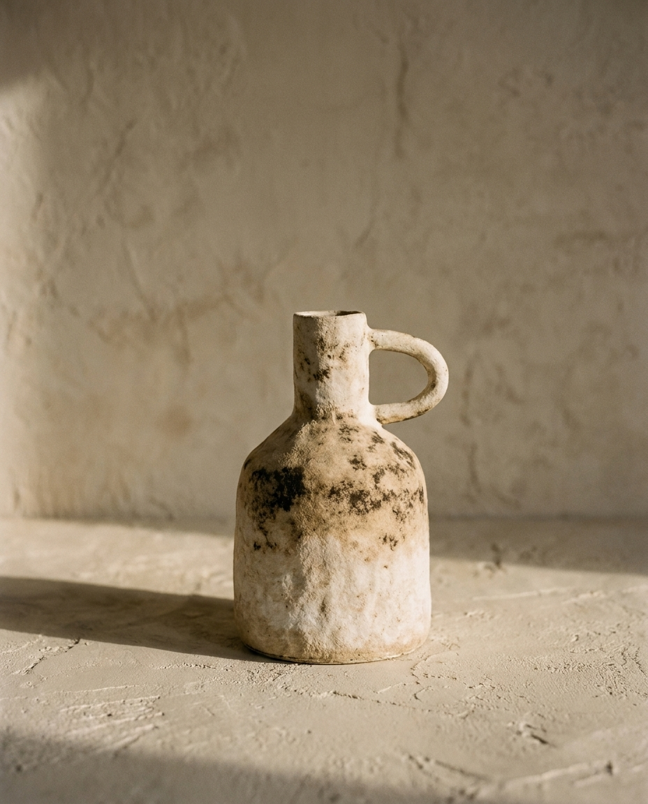 Single-Handle Pottery Vase in mottled cream and brown coarse ceramic, on a plaster ledge in warm raking light