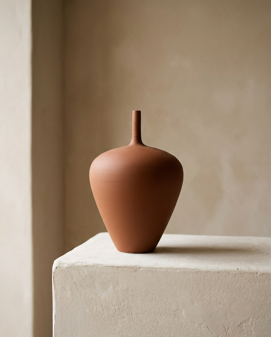 Teardrop Ceramic Vase in ribbed terracotta with a slender neck, on a plaster plinth against a warm wall
