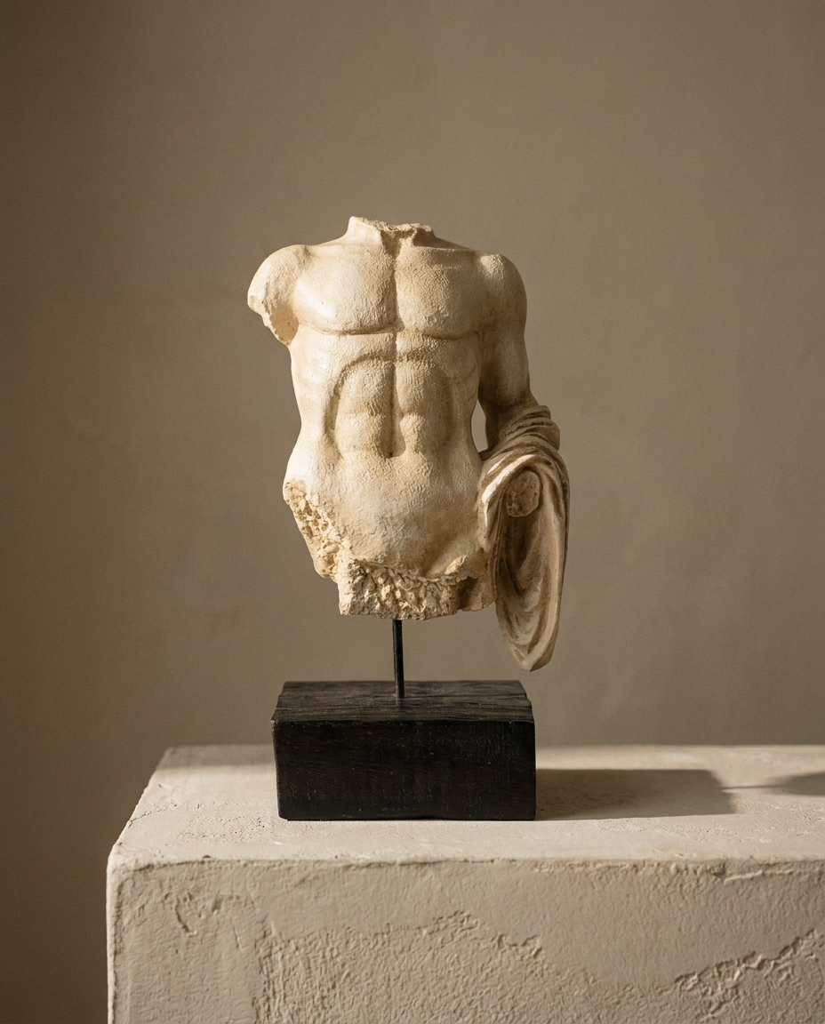 Roman Torso Sculpture in aged cream resin with draped cloth, mounted on a dark wood block on a plaster plinth