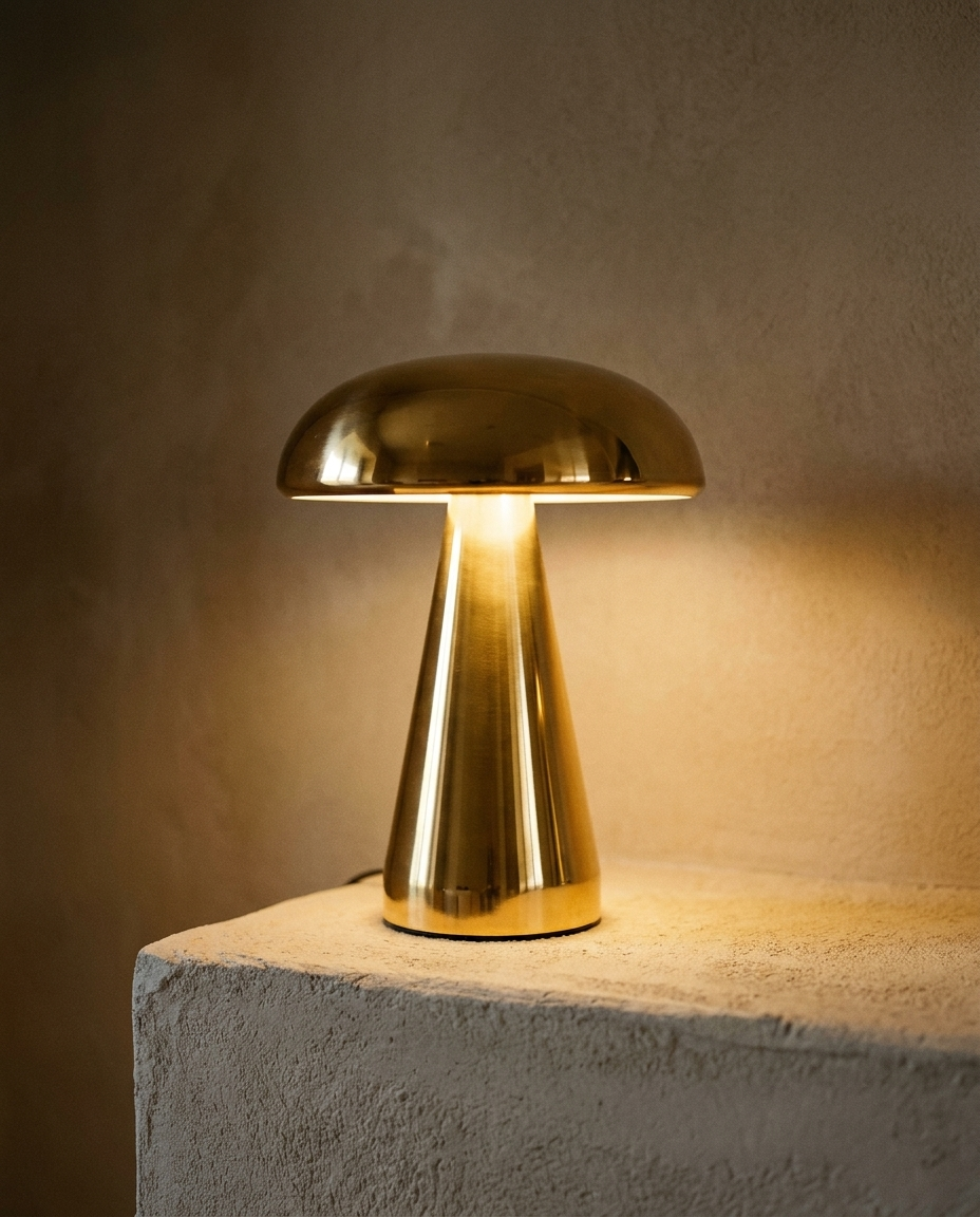 Mushroom Table Lamp with a polished brass dome on a tapered stem, glowing warm on a plaster ledge