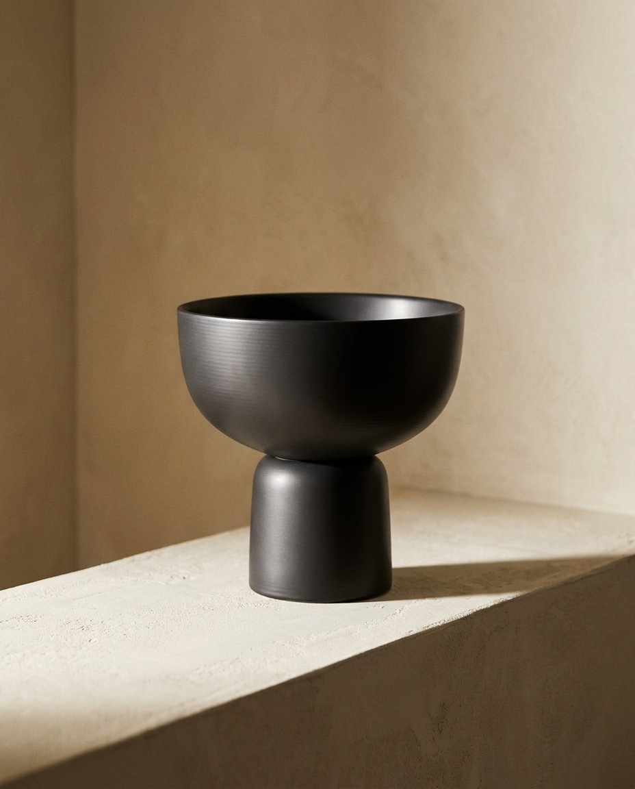 Footed Ceramic Planter, a matte black bowl on a cylindrical foot, on a plaster ledge in warm light