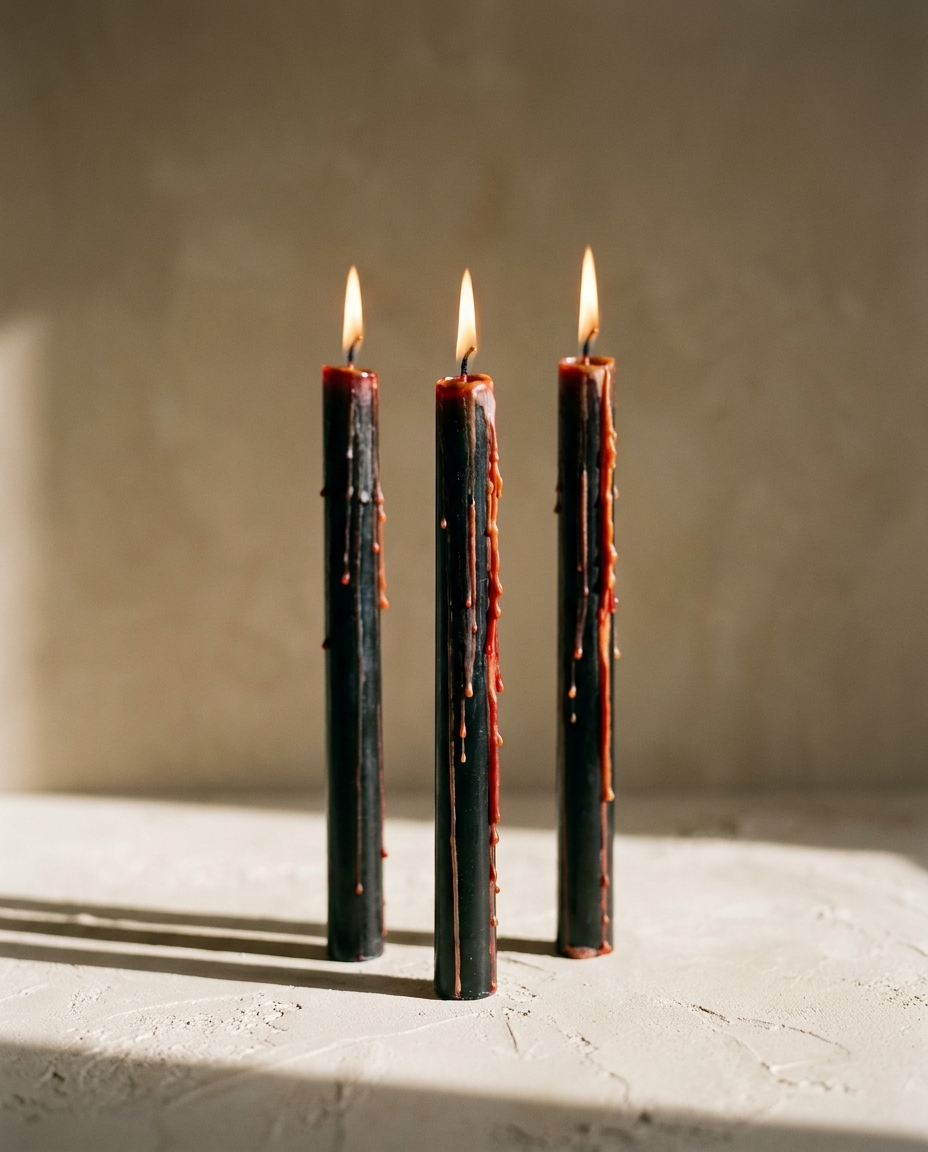 Black taper candles with red wax running down them, lit and standing on a plaster surface