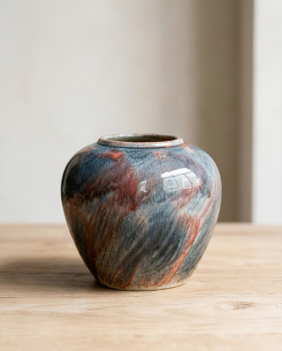 A squat round ceramic jar in a flowing blue and rust flambe glaze, on a pale oak surface