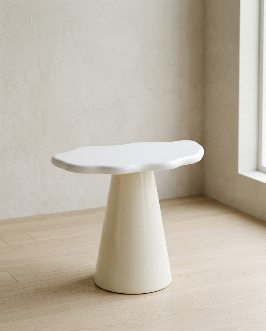 Cloud Side Table with a glossy cream irregular top on a single conical pedestal base, on pale oak flooring