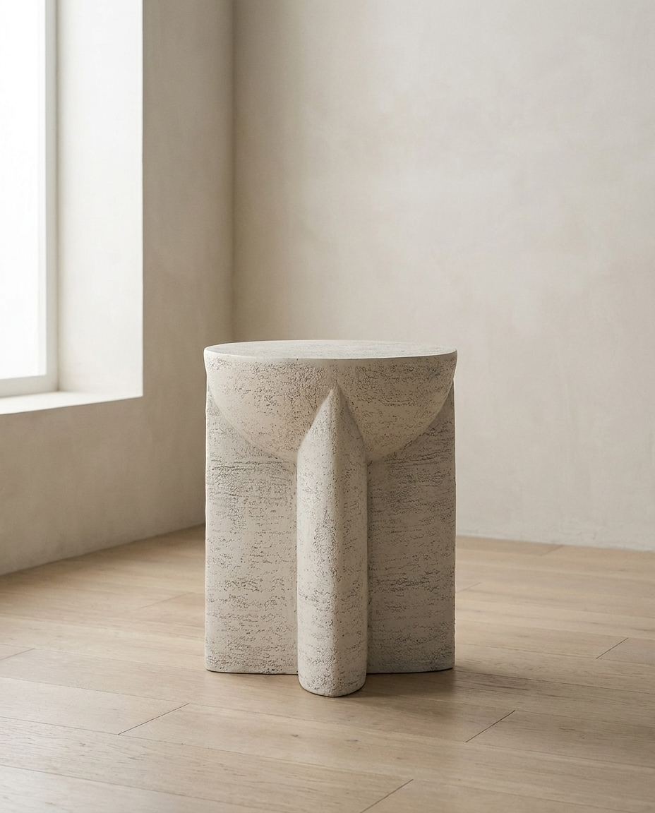Curved Stone Side Table in textured white stone with curved cut-out legs, in a bare room with oak flooring