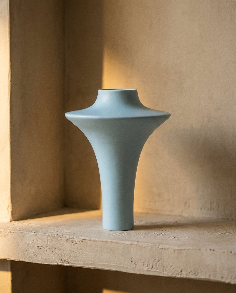 A flared matte ceramic vase with wide shoulders tapering to a narrow foot, in a plaster alcove