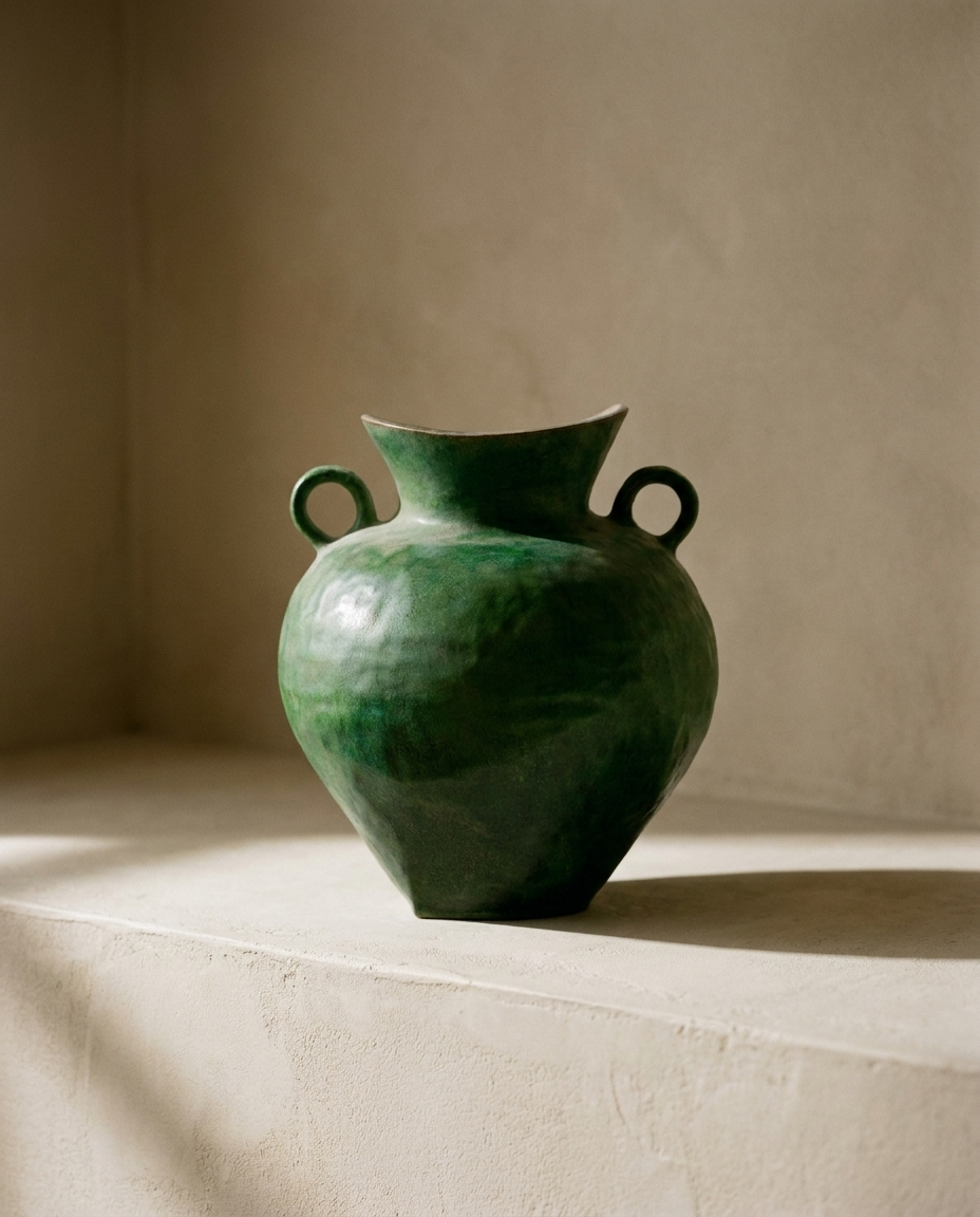 Green Double-Handled Vase, a deep green amphora with two ring handles and an asymmetric lip, on a plaster ledge