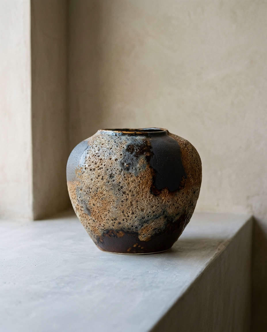 A round-bellied stoneware jar with a pitted lava glaze in tan, black and rust, on a plaster ledge