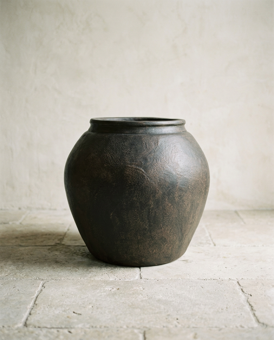 A round-bellied planter pot in a dark aged brown finish, standing on a pale stone floor