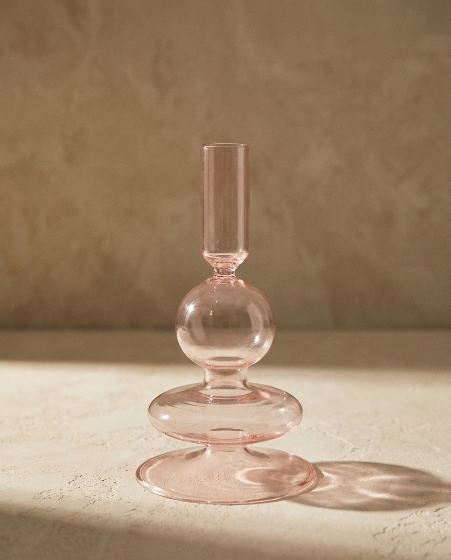 A pink glass candlestick of stacked bubble forms, casting a coloured shadow on a plaster surface