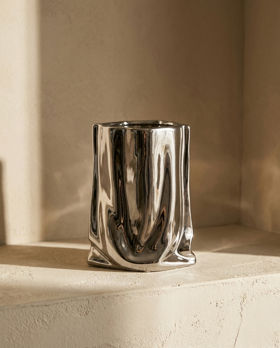A mirror-finish chrome vase shaped like a crumpled paper bag, on a plaster ledge in warm light
