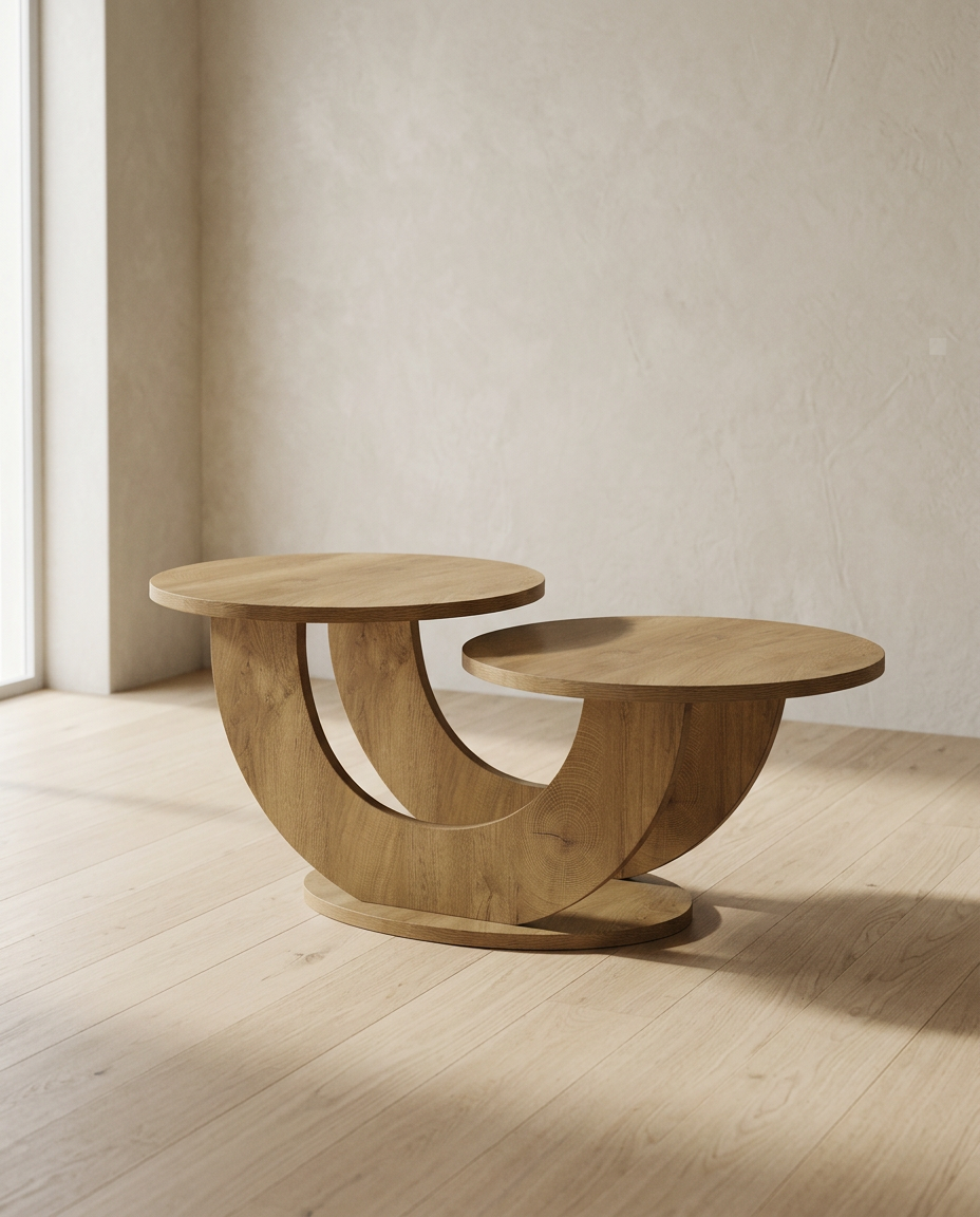 An oak coffee table with two round tops at different heights on a shared crescent base, on pale oak flooring