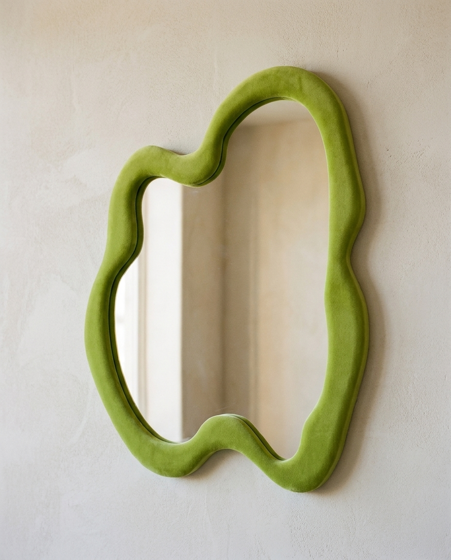 An irregular wavy wall mirror in a green velvet-wrapped frame, mounted on a bone plaster wall