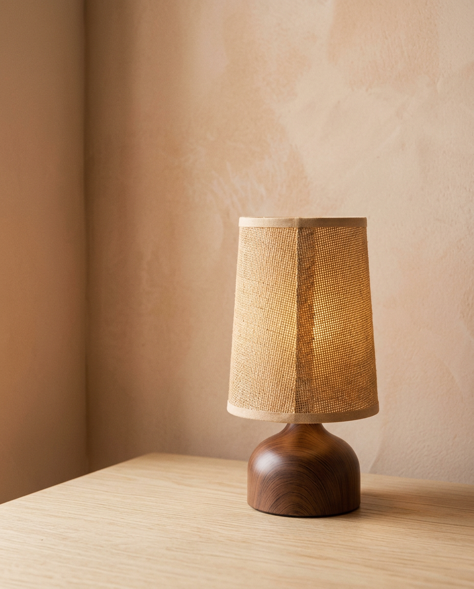 A cordless table lamp with a woven jute shade on a turned dark wood dome base, glowing warm on an oak surface