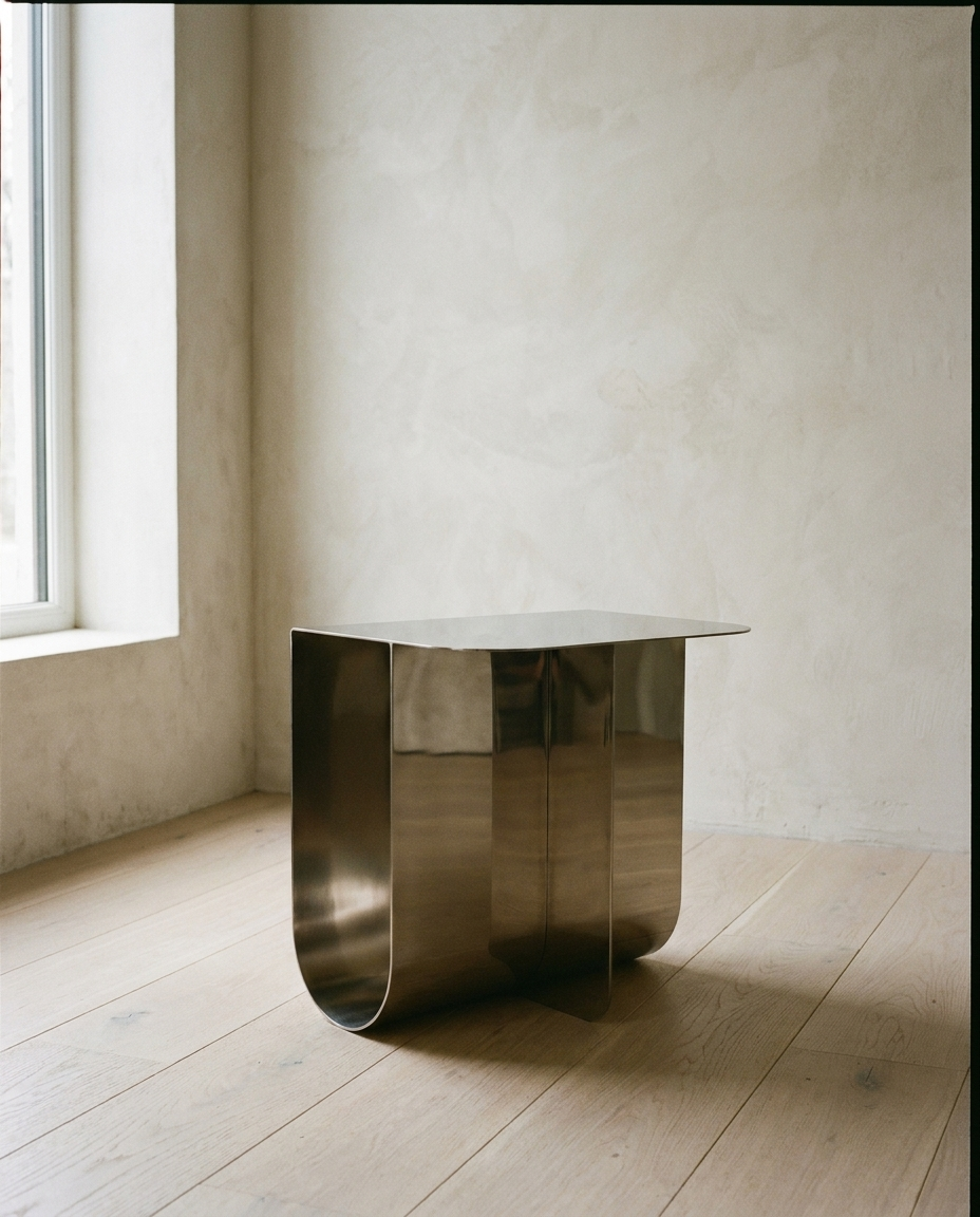 A folded mirror-polished steel side table with curved sides, on pale oak flooring by a window