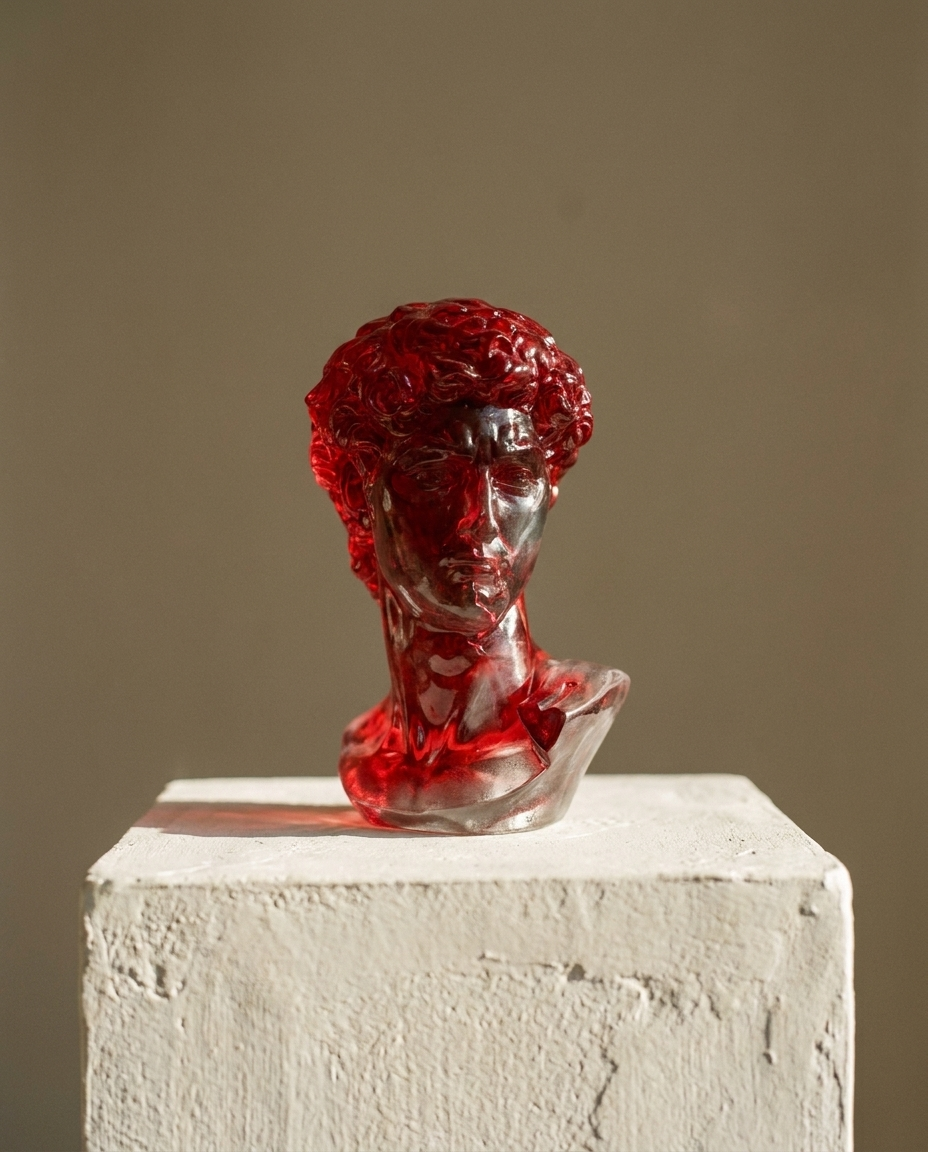 A translucent crimson resin bust of David on a plaster plinth in warm raking light
