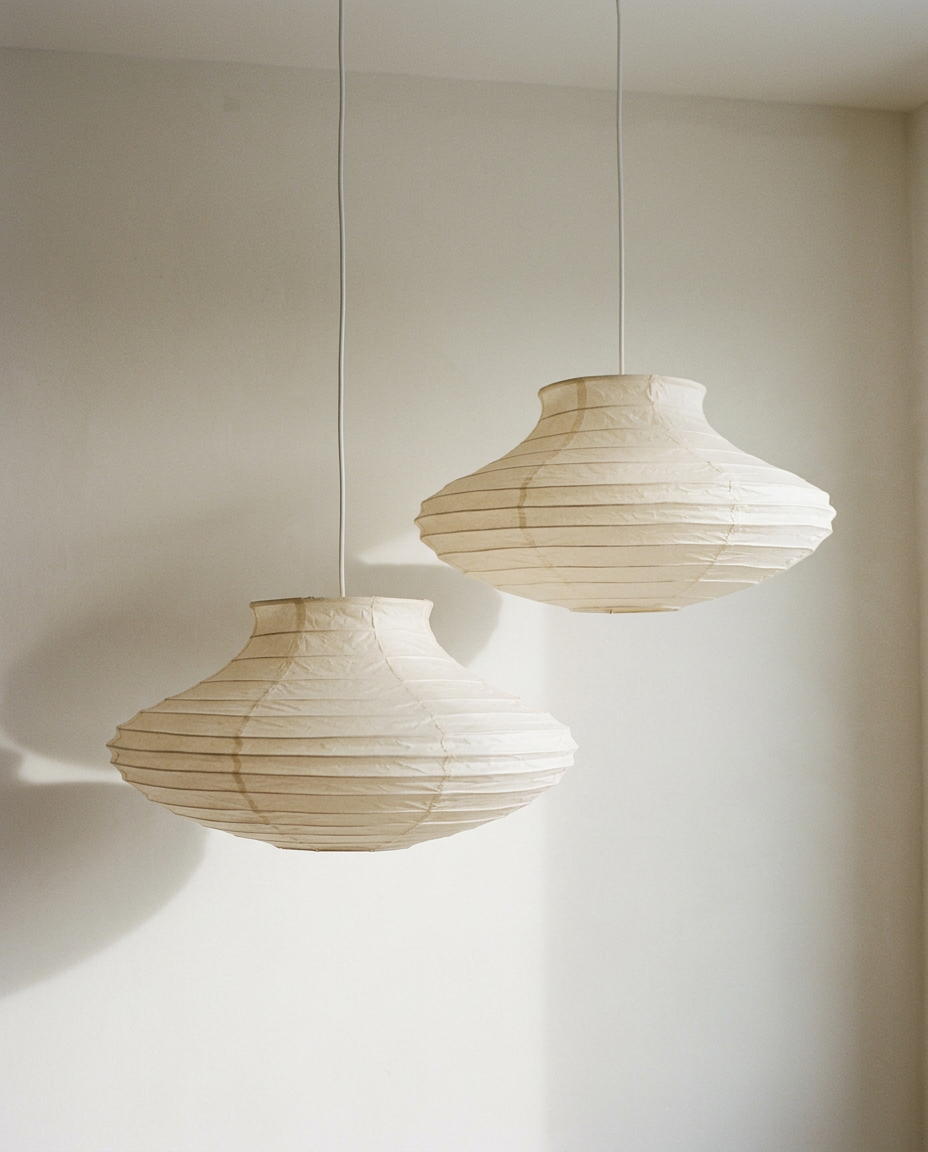 A pair of ribbed paper lantern ceiling shades hanging against a bone plaster wall