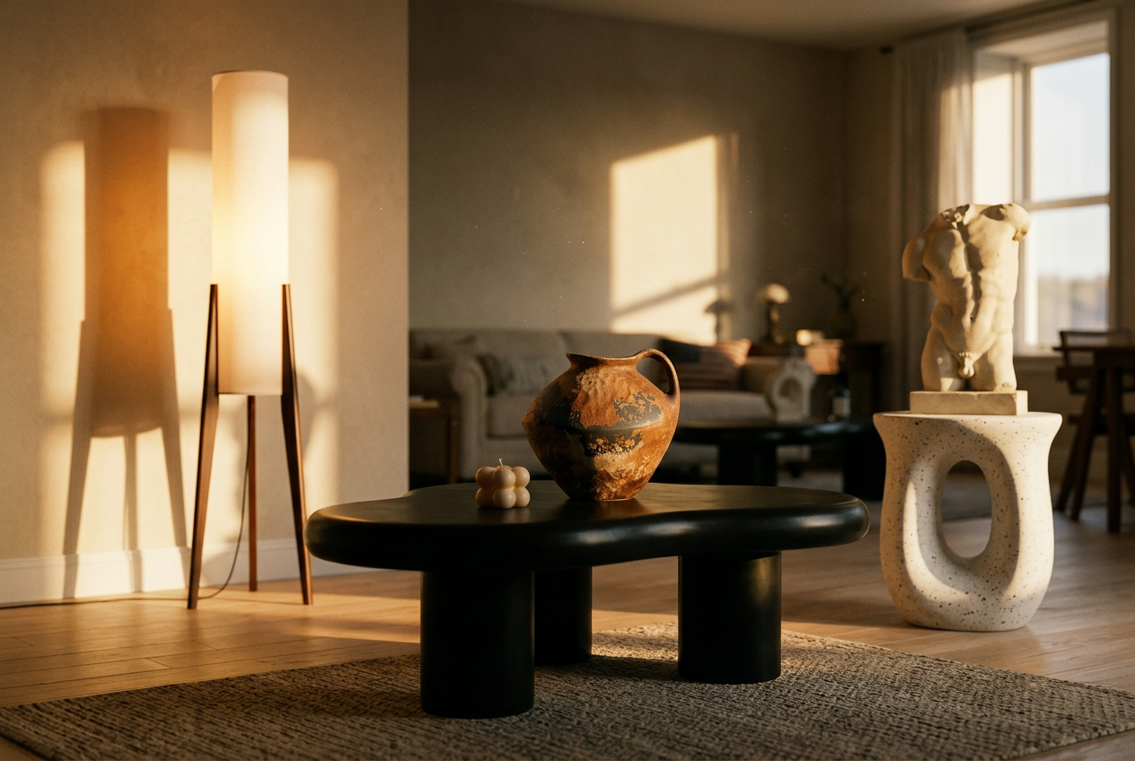 A living room at golden hour with a lit floor lamp, a handled stoneware vase on a black cloud coffee table, and a classical torso on a terrazzo stool by the window