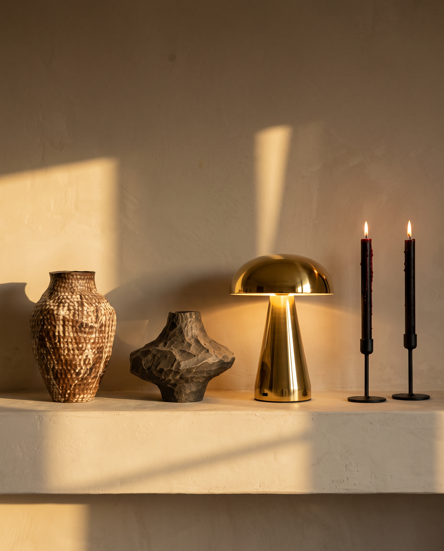 A plaster shelf at golden hour holding a dimpled amphora vase, a faceted stone vessel, a lit brass mushroom lamp and lit dark taper candles