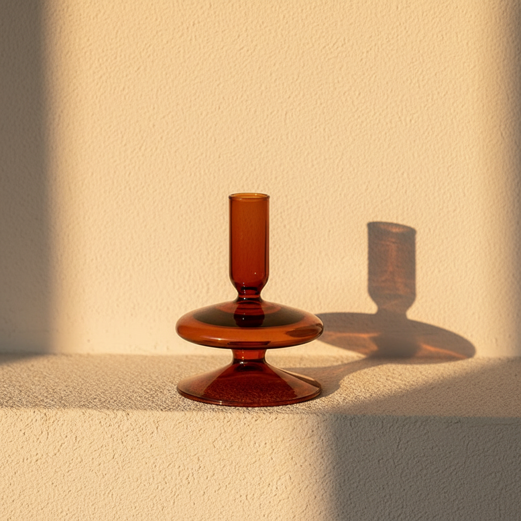 Amber glass bud vase on a plaster ledge in golden hour light