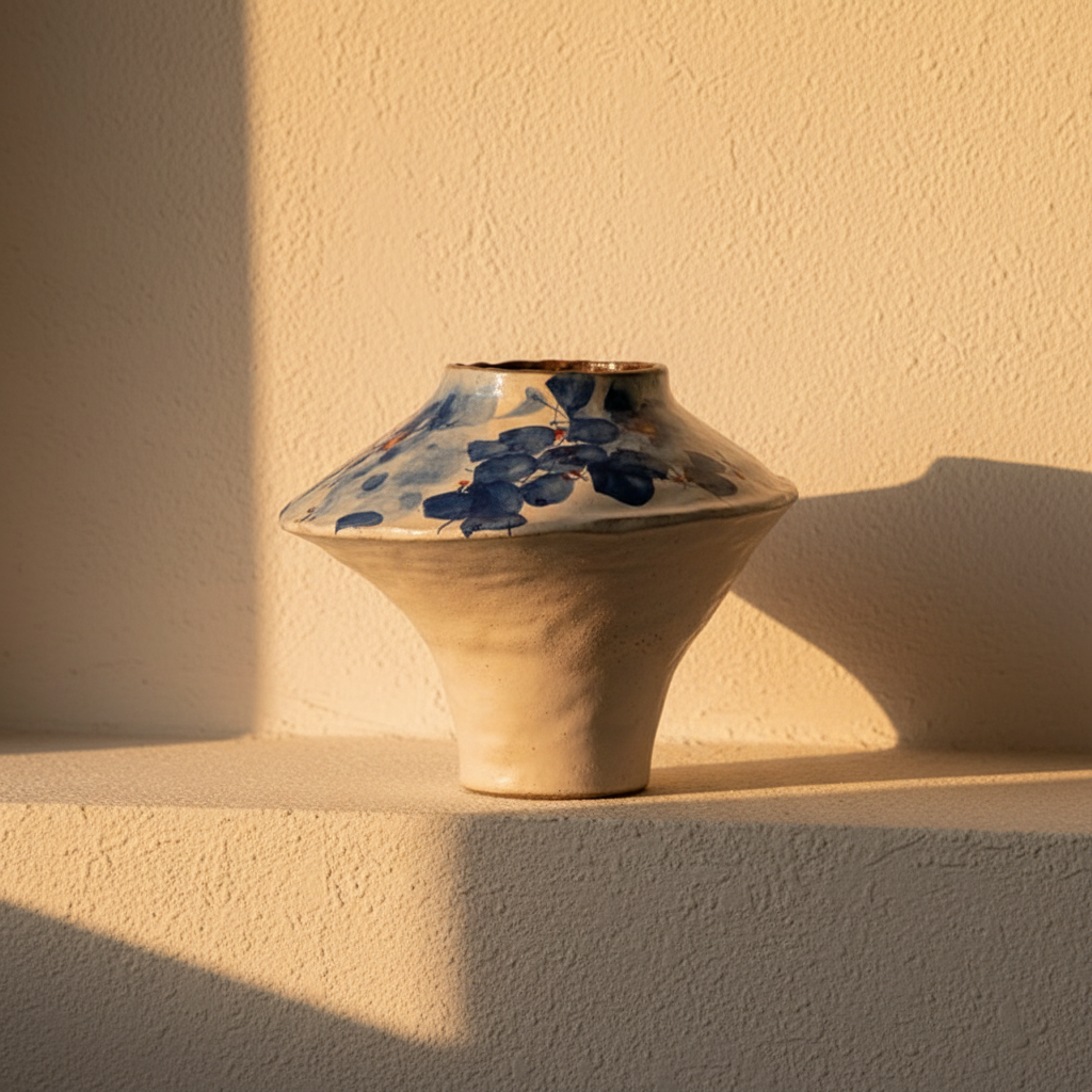 Conical ceramic vase hand-painted with blue blossom