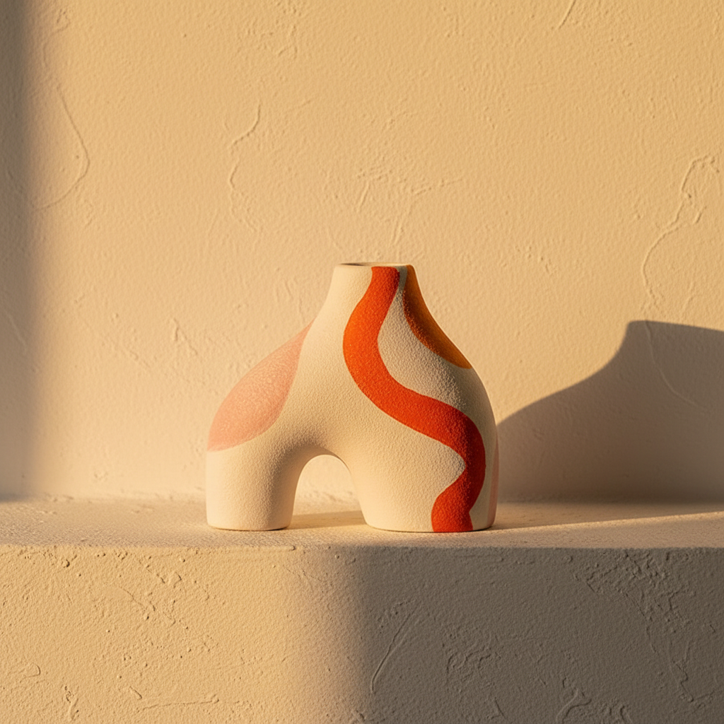 Arch vase painted with pink and orange bands, on a plaster ledge