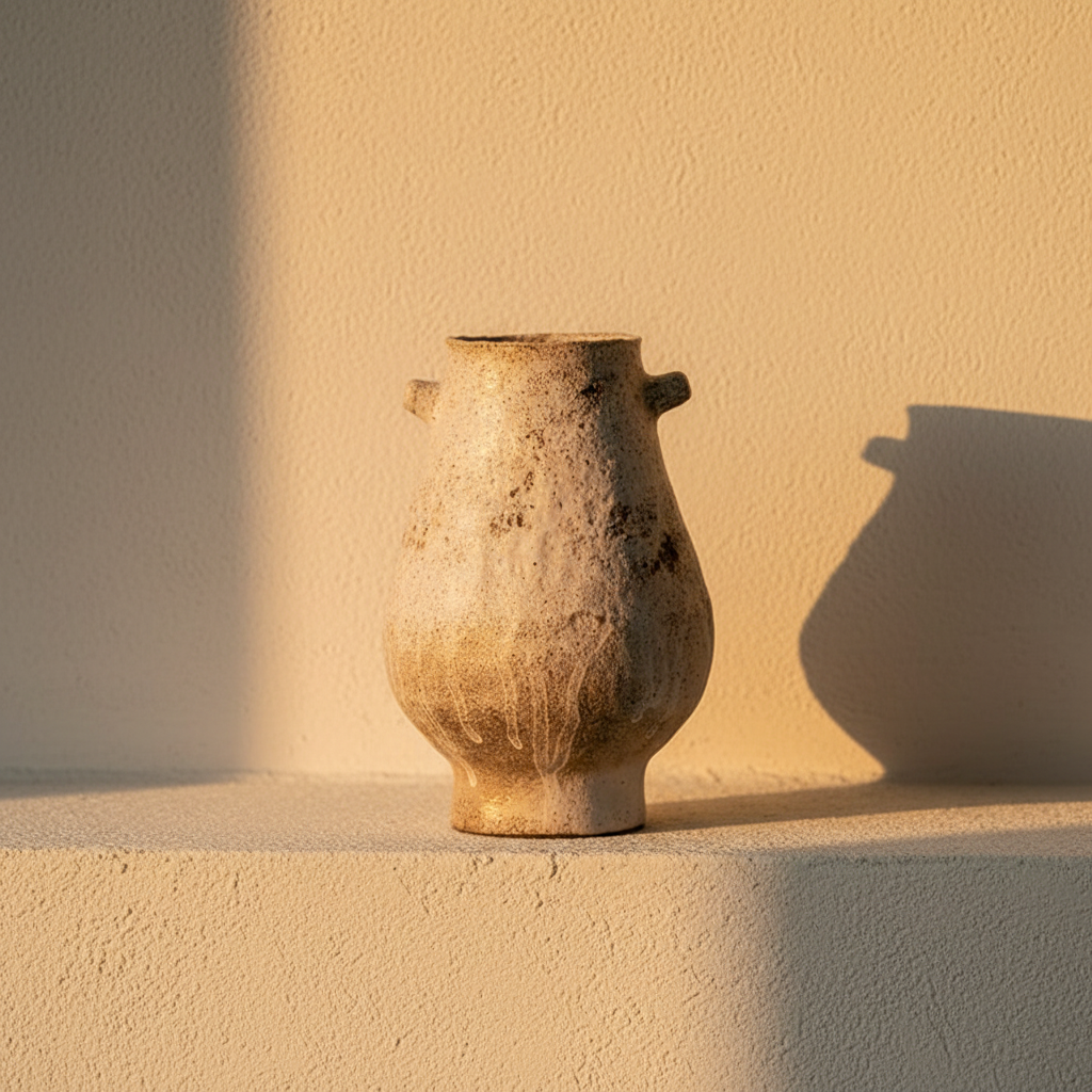 Chalk-white handled vase with a rough plaster-like surface