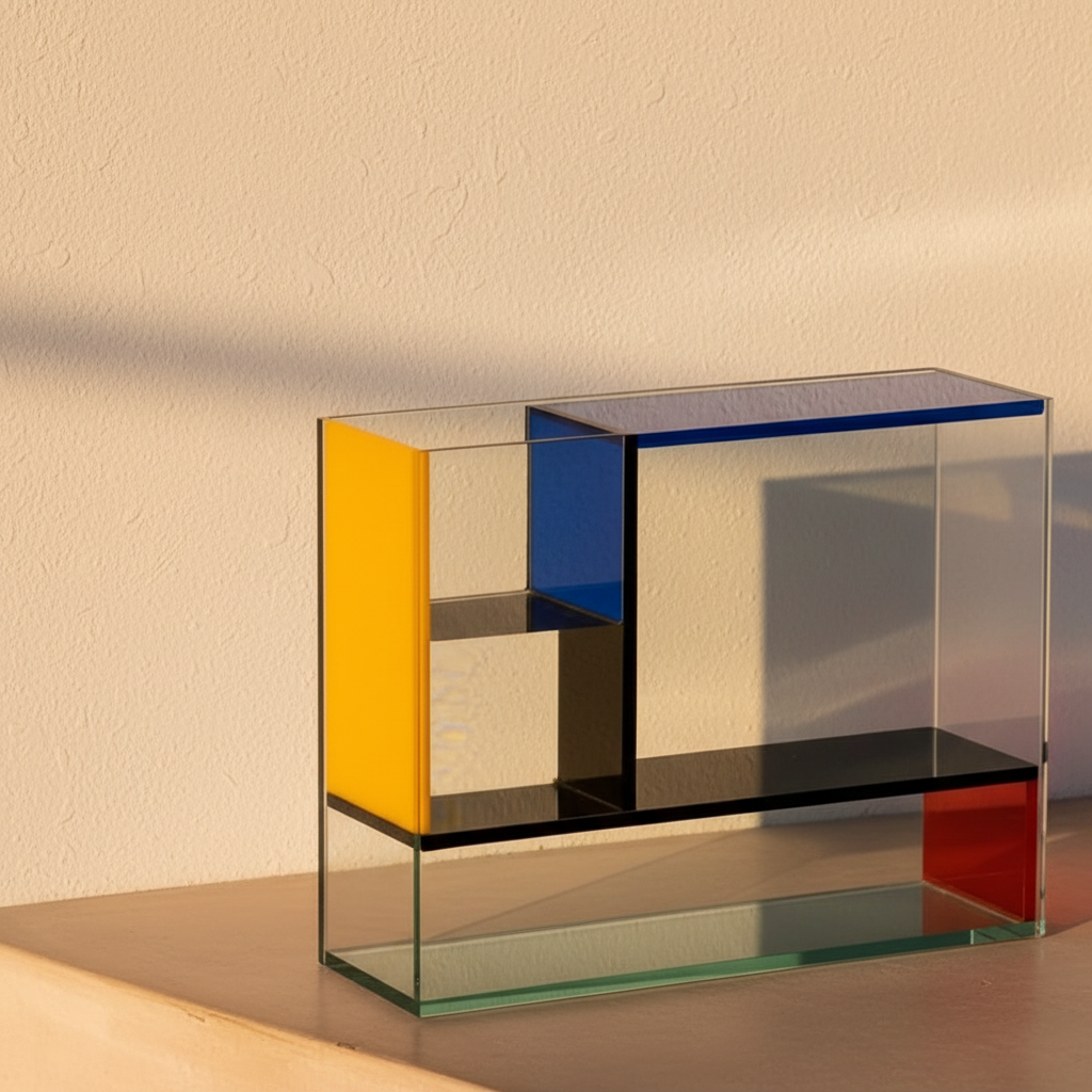 Rectangular glass vase panelled in primary colour blocks