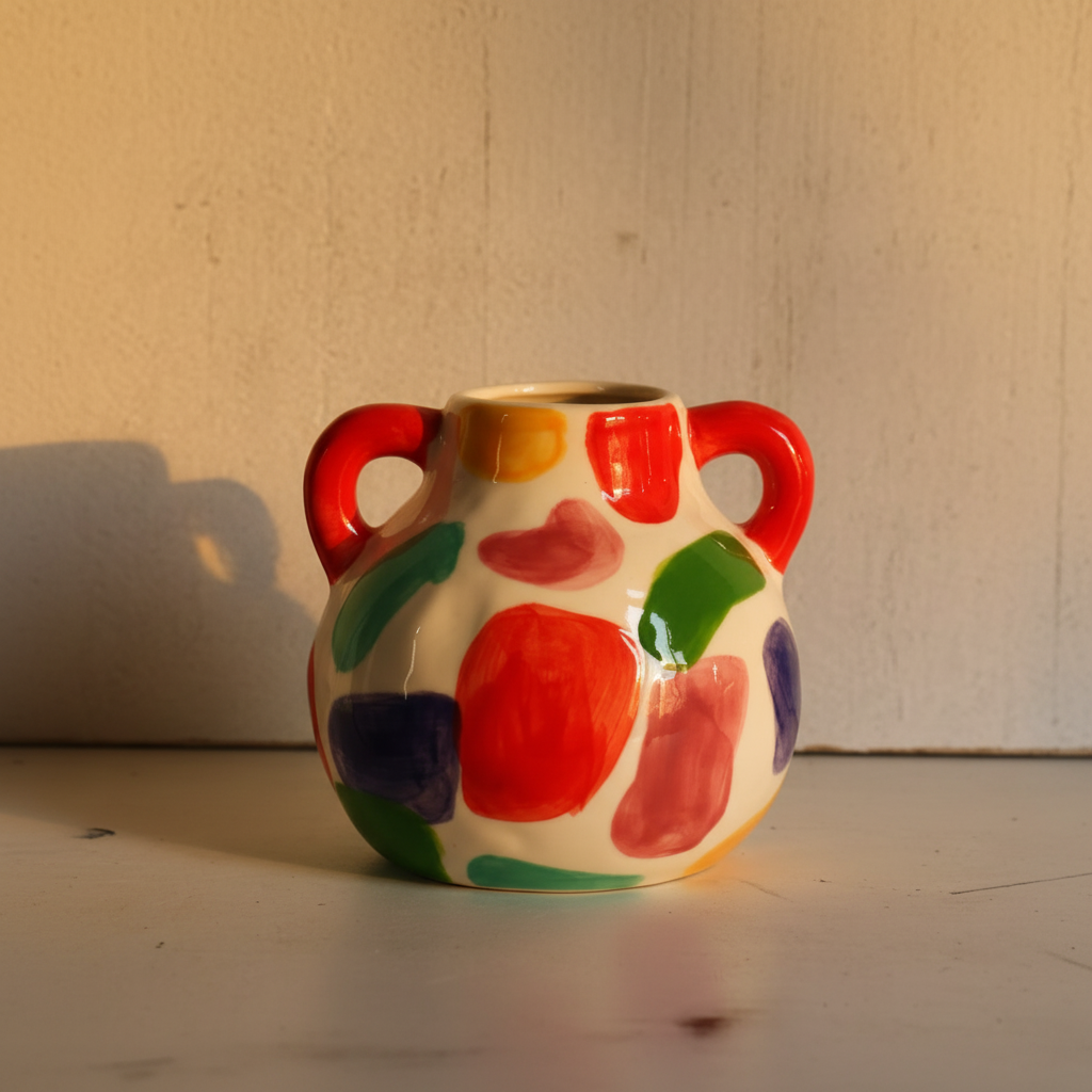 Small white ceramic vase hand-painted with blocks of bright colour