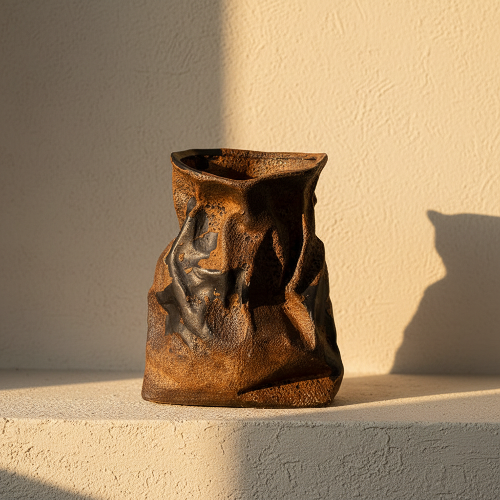 Crumpled stoneware vase glazed rust and blue-black over the creases