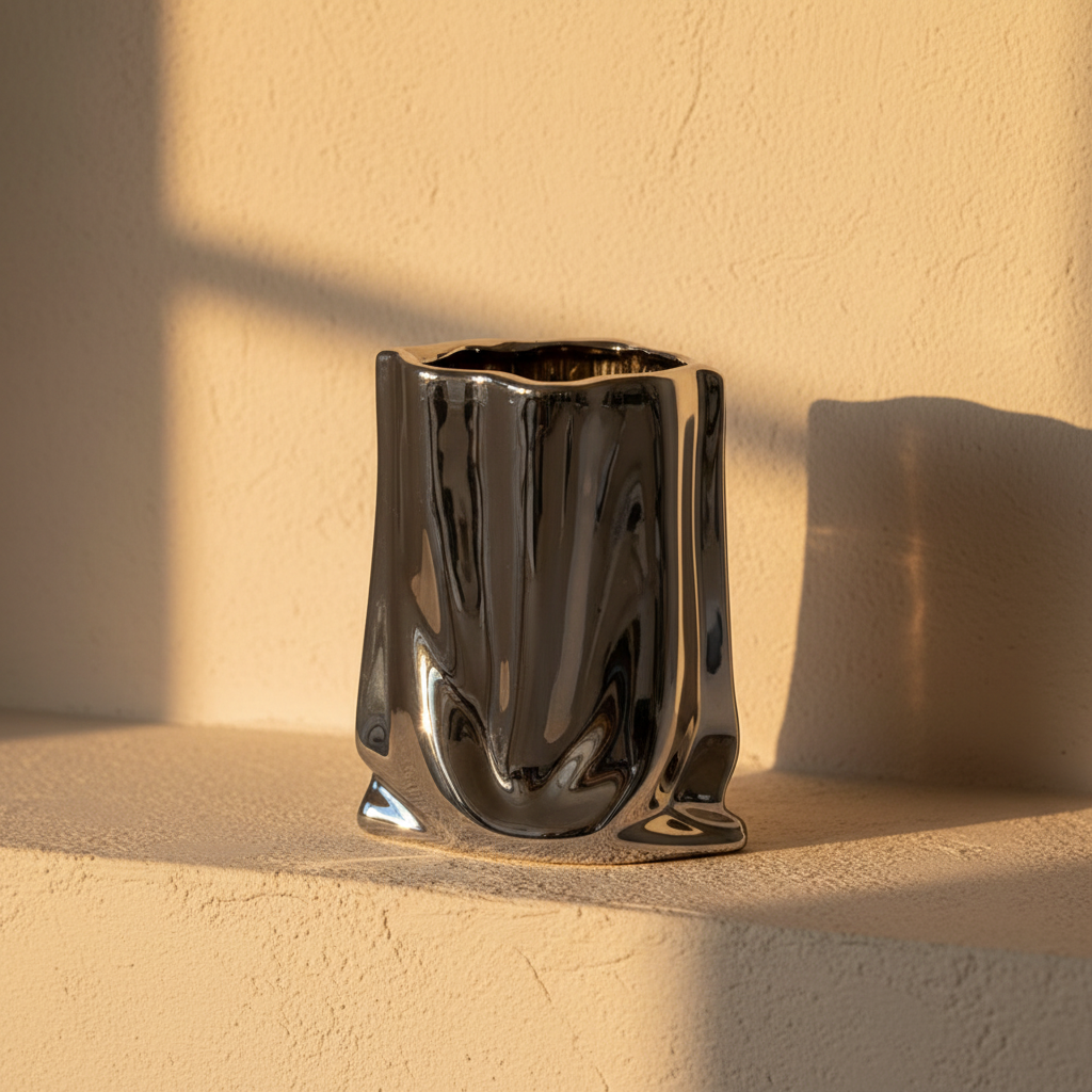 Crumpled paper bag vase in mirror chrome on a plaster ledge